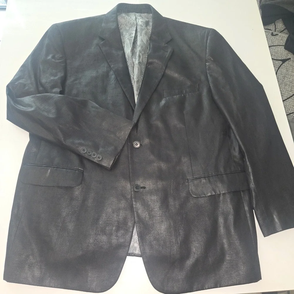 Andrew Fezza Mens Black Faux Leather Blazer Two Button Paisley Lined Jacket
